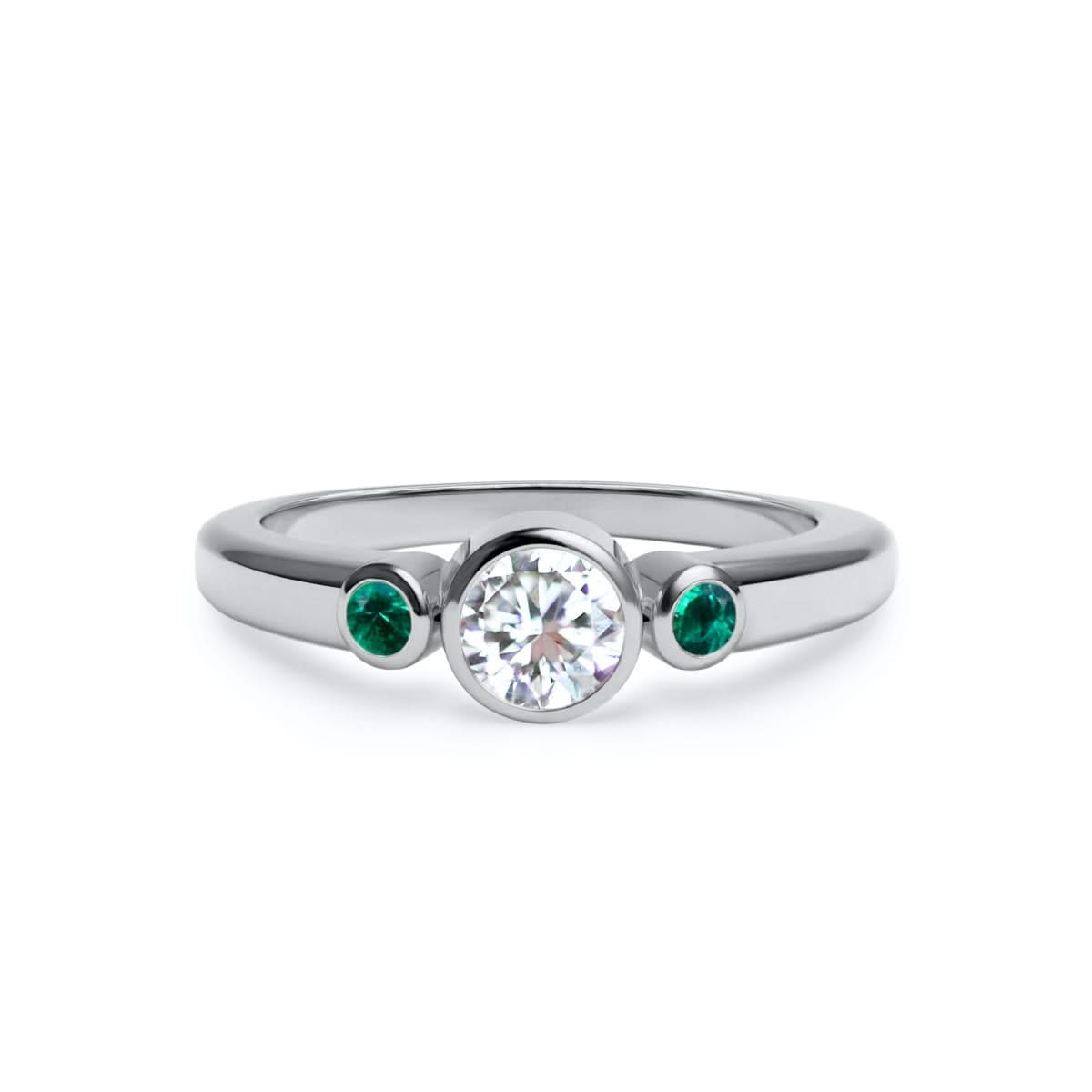 Barrington Diamond Ring with Emerald Side Stones in 14k Gold (May)