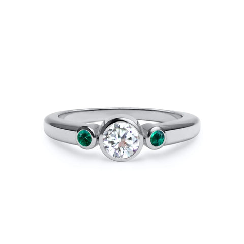 Barrington Diamond Ring with Emerald Side Stones in 14k Gold (May) - White Gold