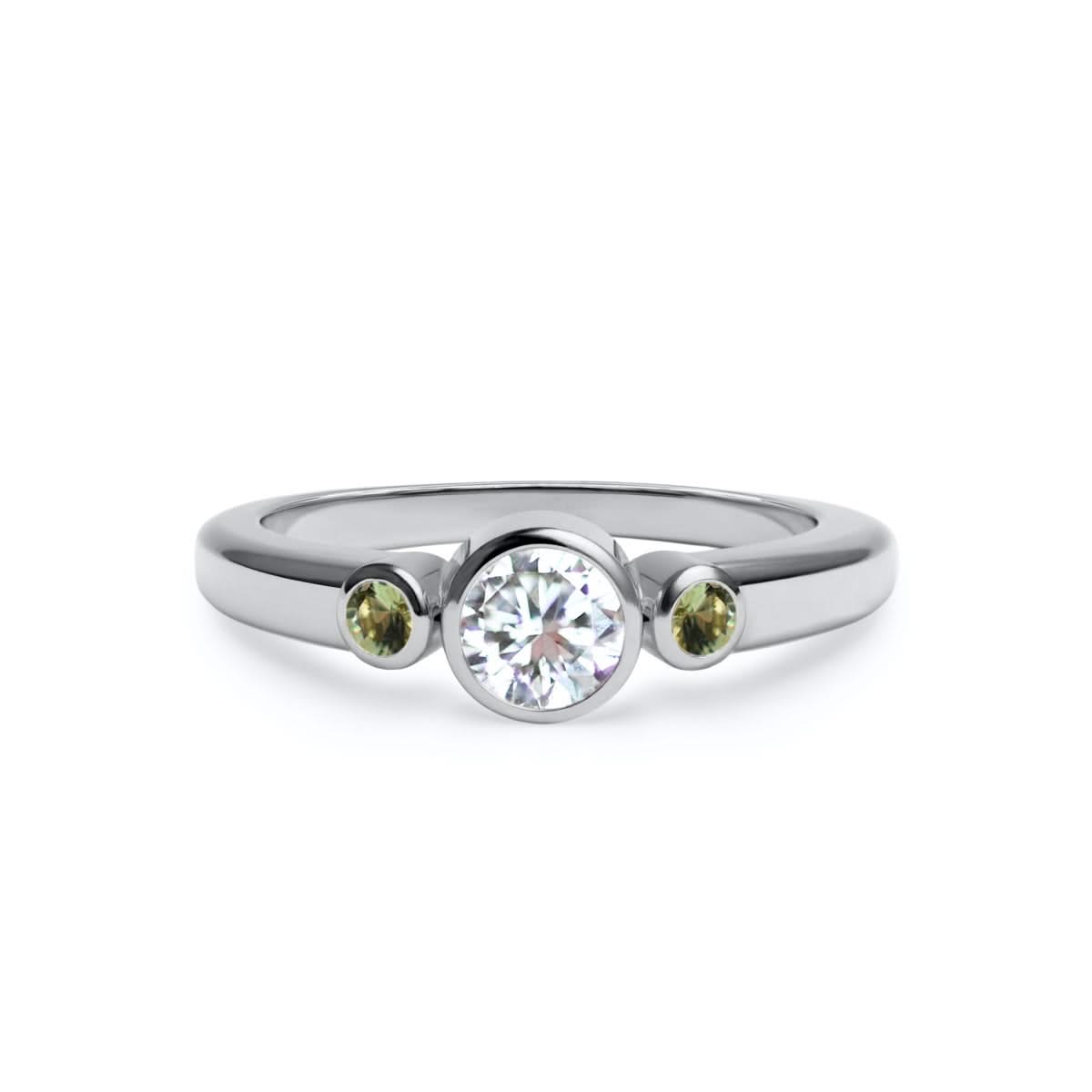 Barrington Diamond Ring with Peridot Side Stones in 14k Gold (August)