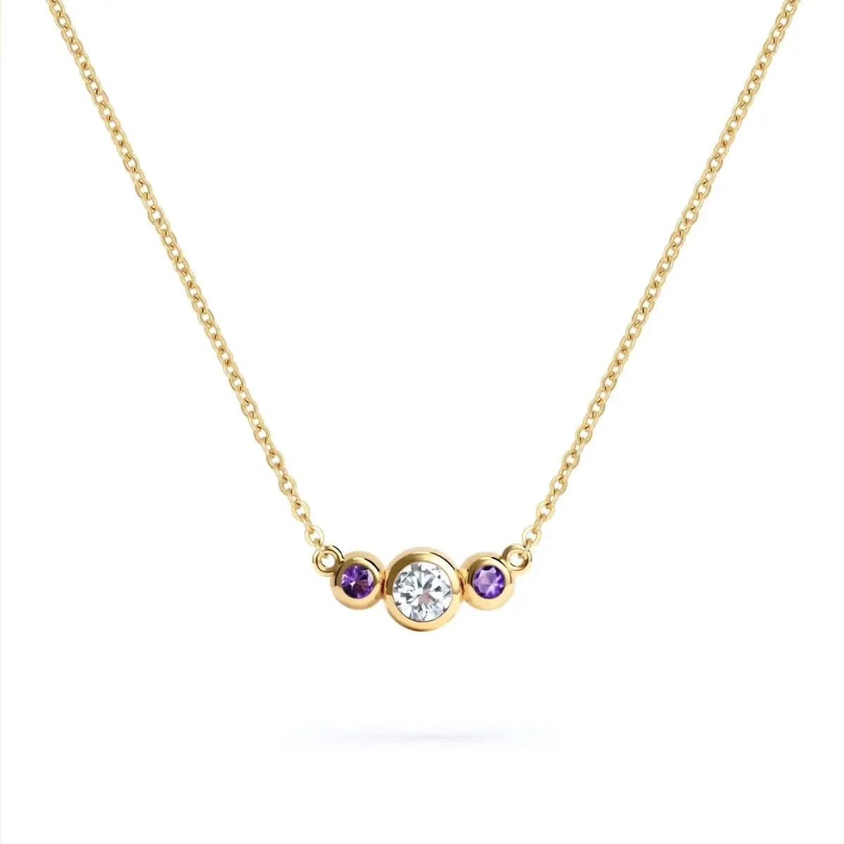 Barrington 3 Stone Necklace featuring a 4 mm round cut Diamond center stone framed by two 2 mm round cut Amethysts bezel set in 14k yellow gold on a saffron chain – front view.
