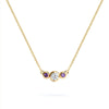 Barrington 3 Stone Necklace featuring a 4 mm round cut Diamond center stone framed by two 2 mm round cut Amethysts bezel set in 14k yellow gold on a saffron chain – front view.