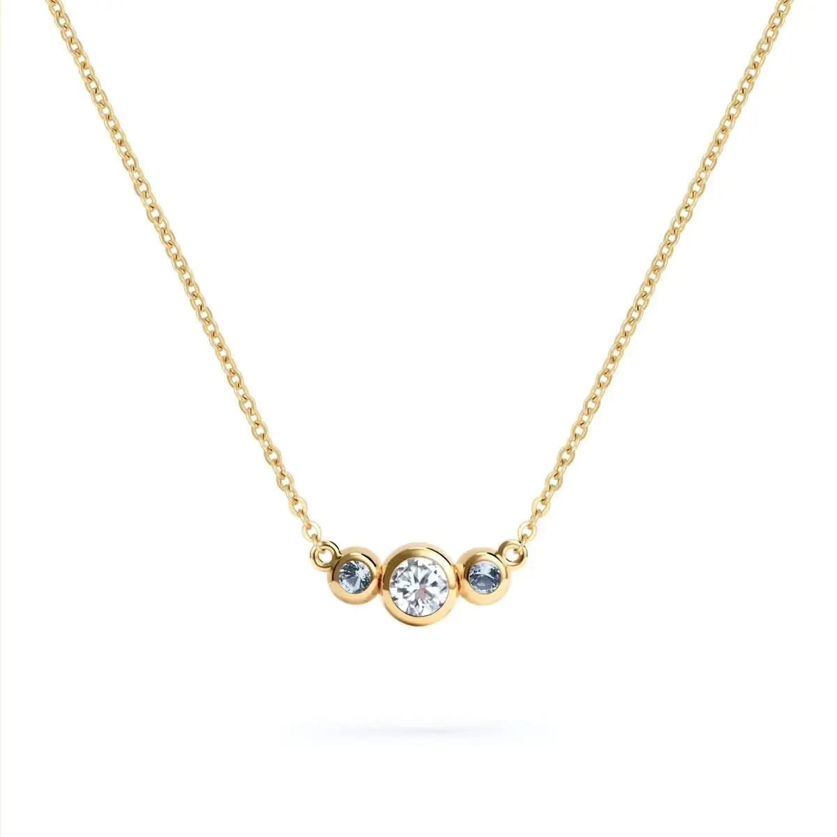 Barrington 3 Stone Necklace featuring a 4 mm round cut Diamond center stone framed by two 2 mm round cut Aquamarines bezel set in 14k yellow gold on a saffron chain – front view.