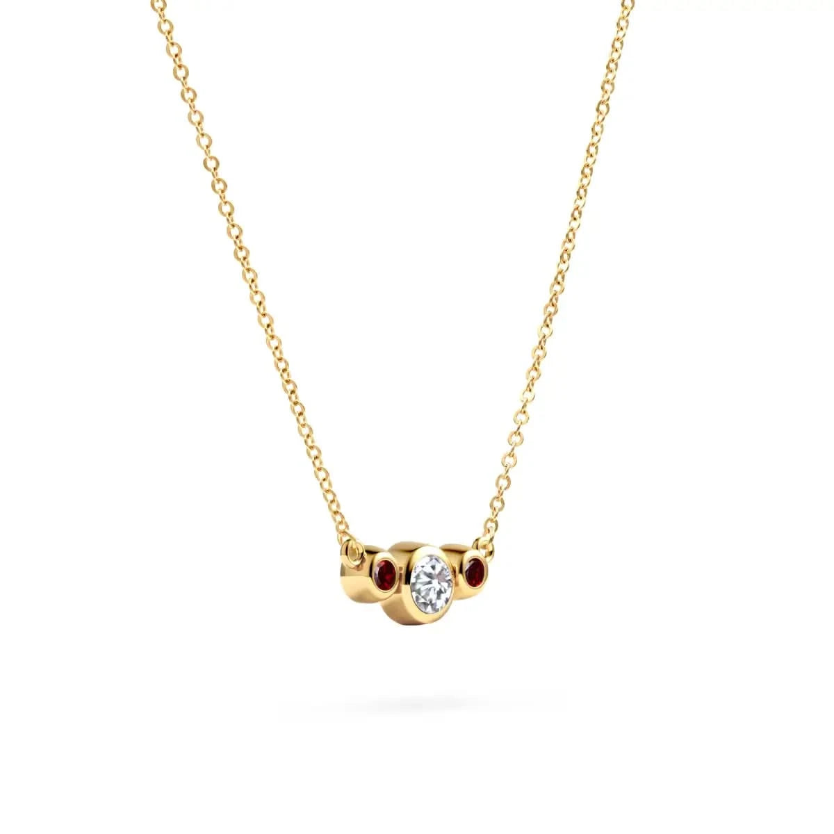 Barrington 3 Stone Necklace with bezel set 4 mm Diamond center stone and two 2 mm Garnets in 14k yellow gold on a saffron chain – angled view.