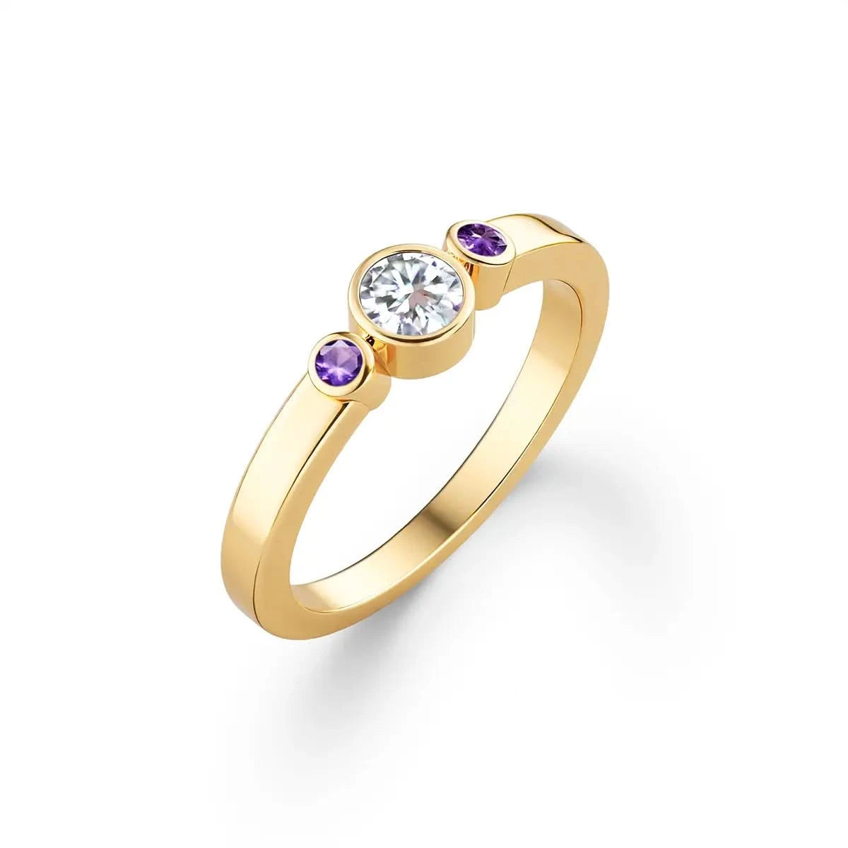 Barrington Diamond Ring with Amethyst Side Stones in 14k Gold (February)