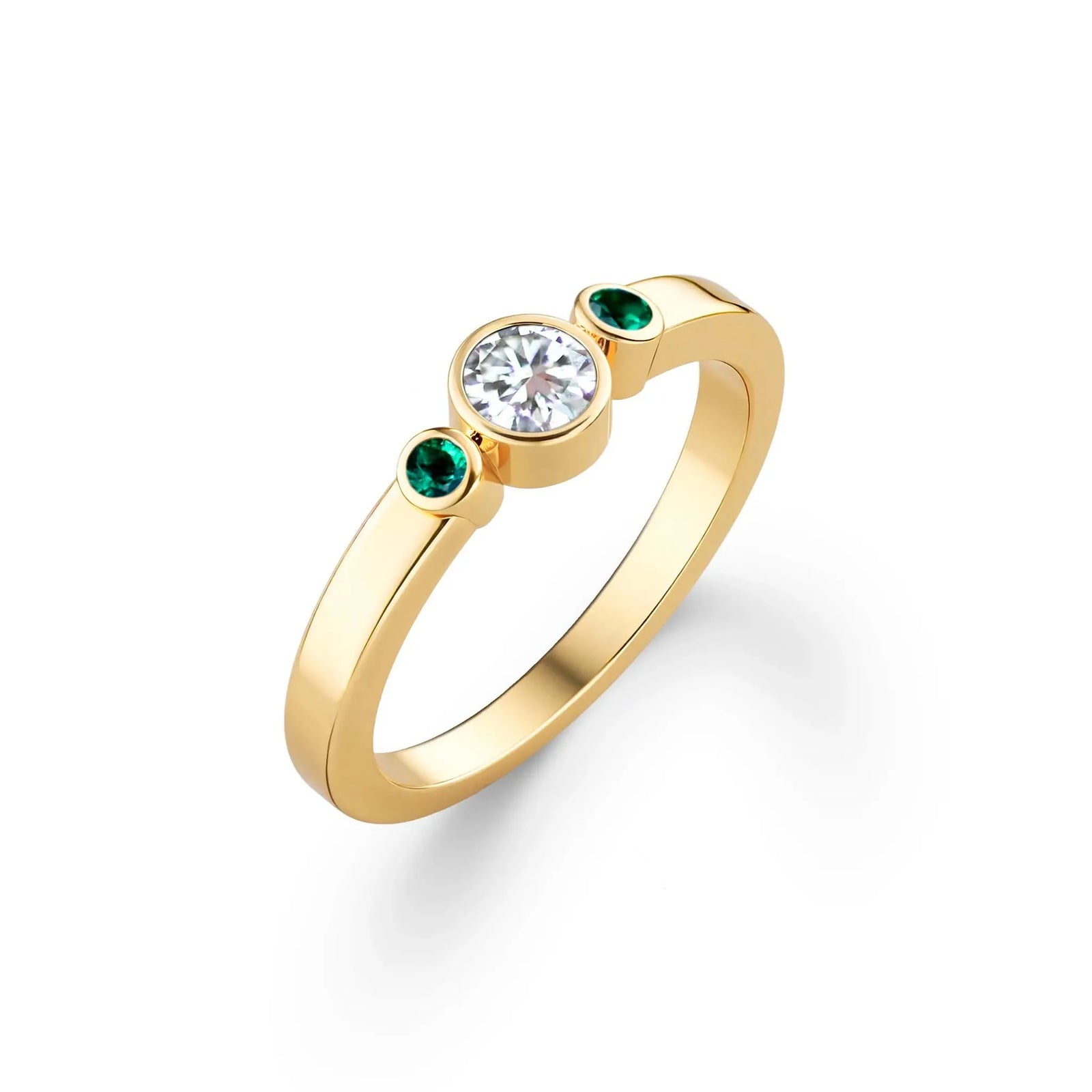 Barrington Diamond Ring with Emerald Side Stones in 14k Gold (May)