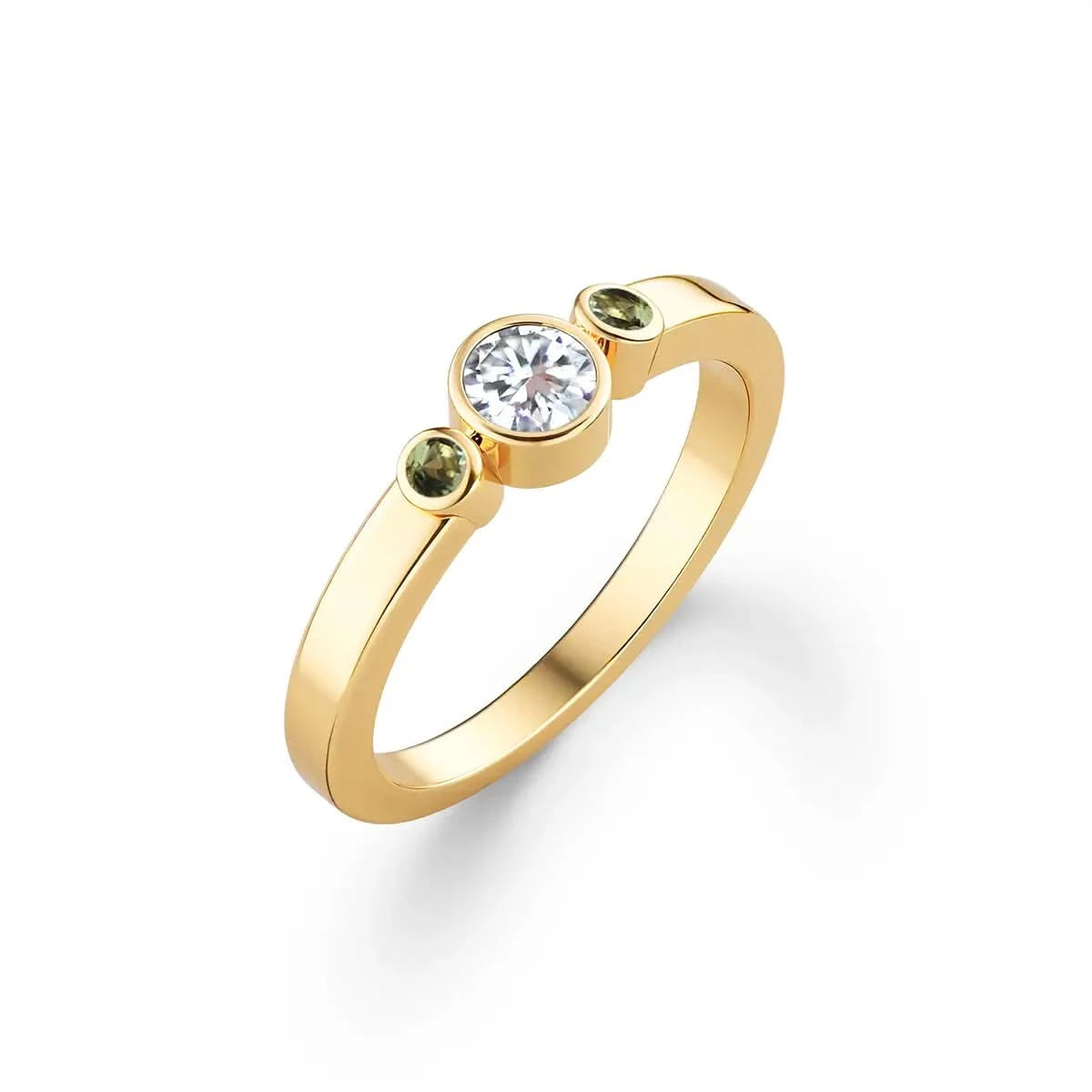 Barrington Diamond Ring with Peridot Side Stones in 14k Gold (August)
