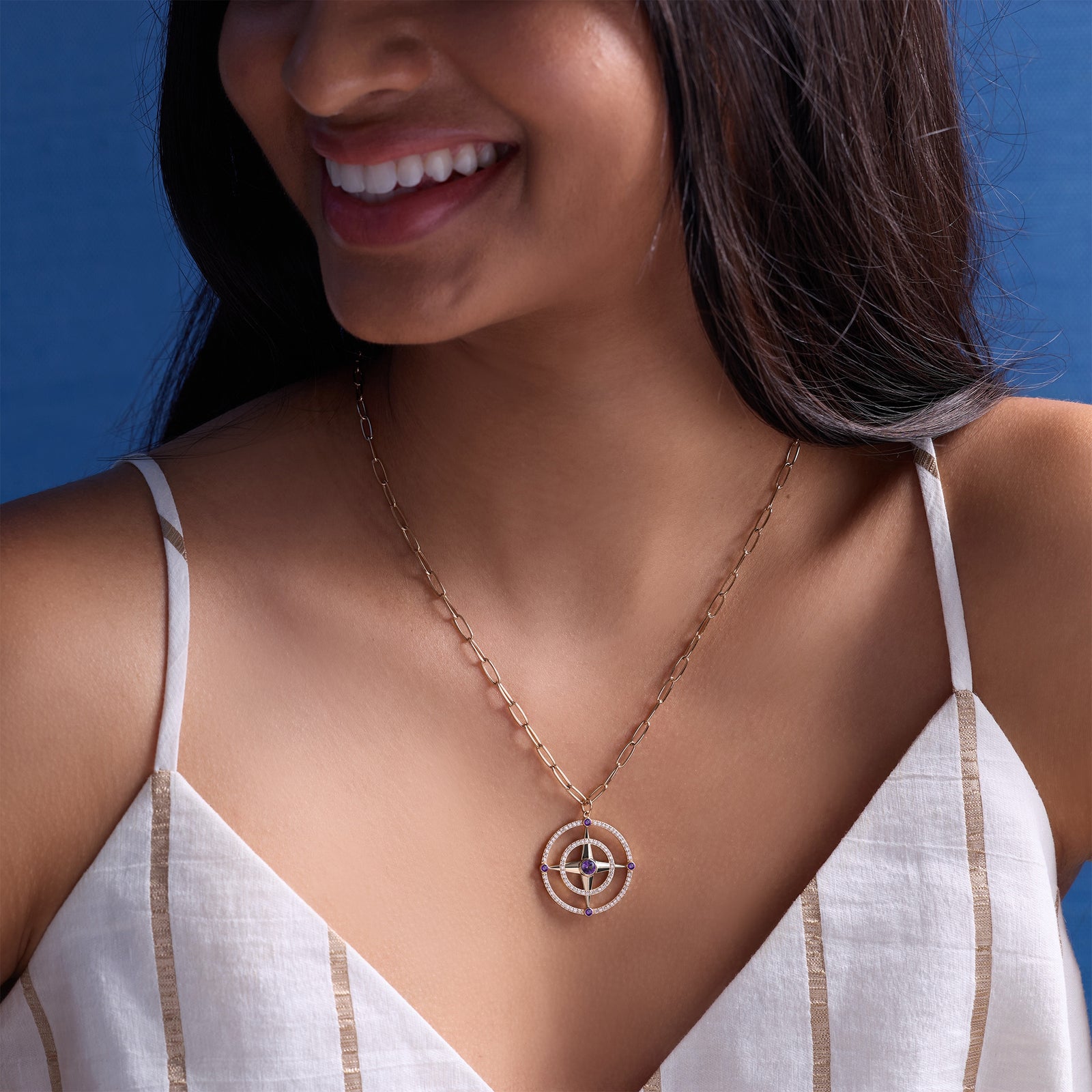 Large Compass Amethyst & Diamond Pendant in 14k Gold (February)
