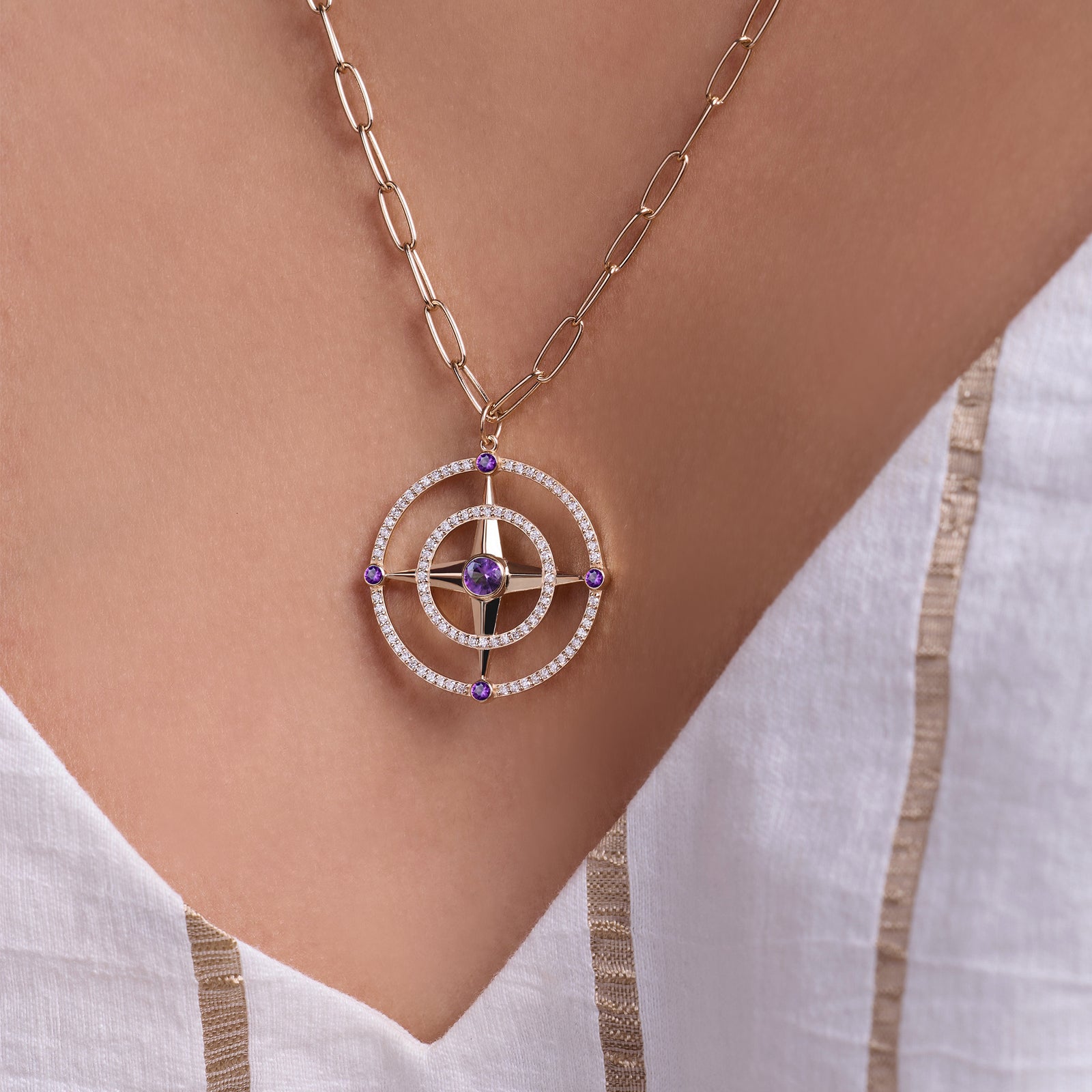 Large Compass Amethyst & Diamond Pendant in 14k Gold (February)