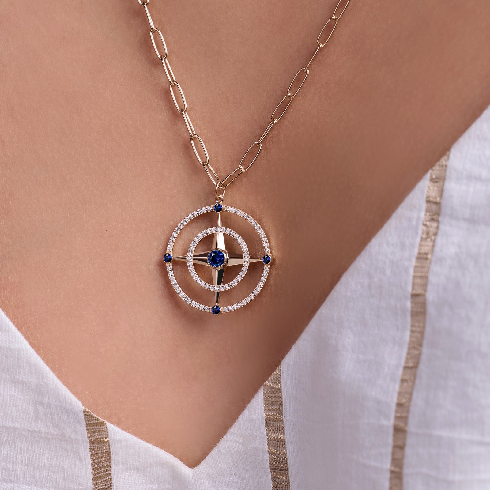 Large Compass Sapphire & Diamond Pendant in 14k Gold (September)