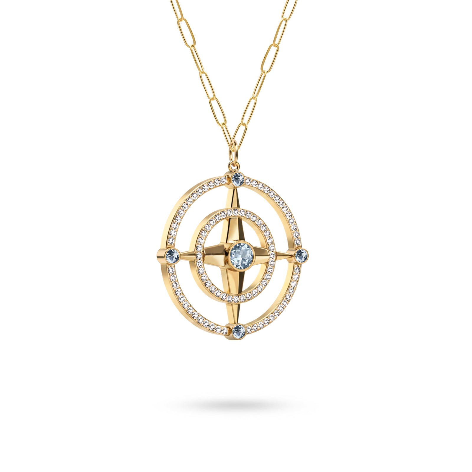 Large Compass Aquamarine & Diamond Pendant in 14k Gold (March)