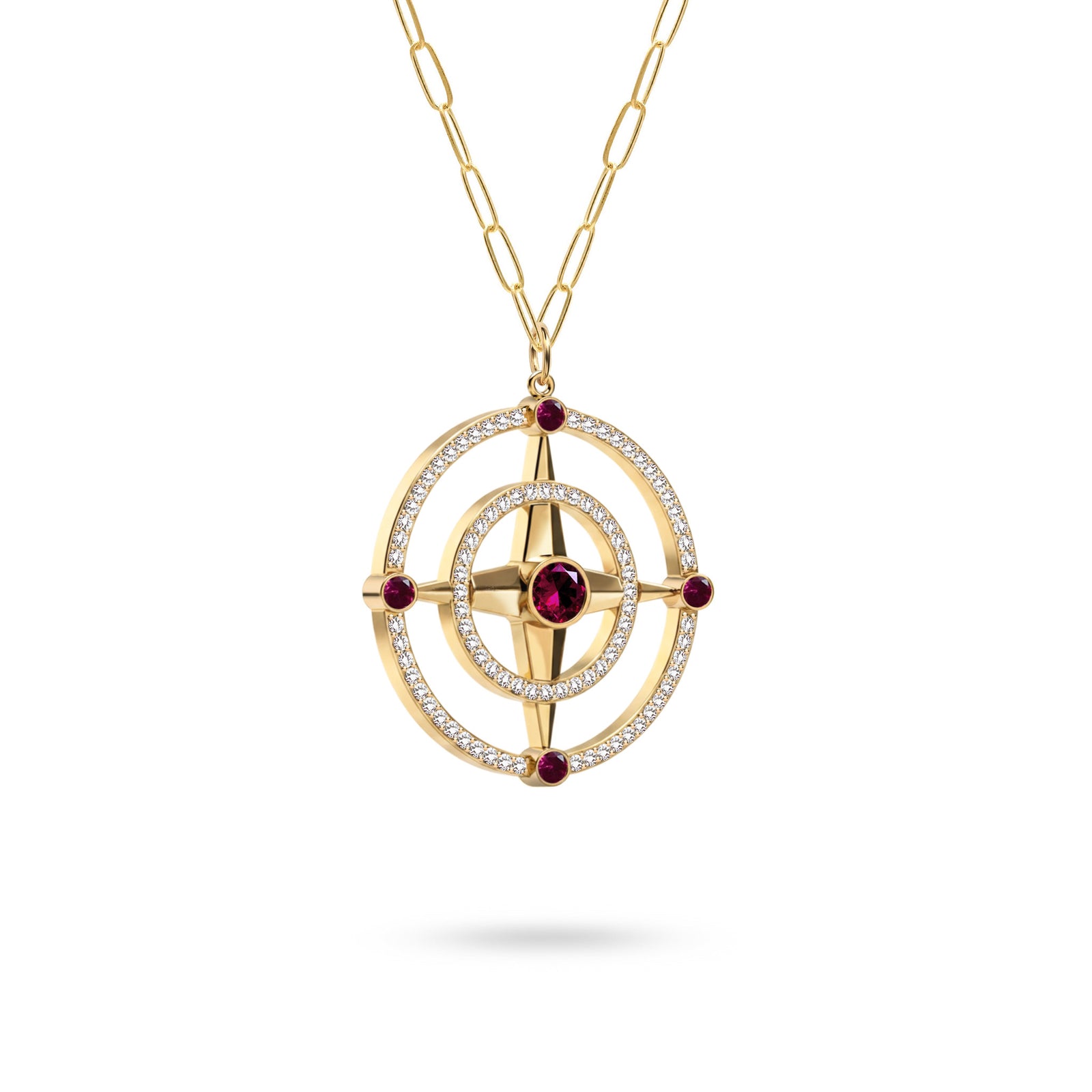 Large Compass Ruby & Diamond Pendant in 14k Gold (July)