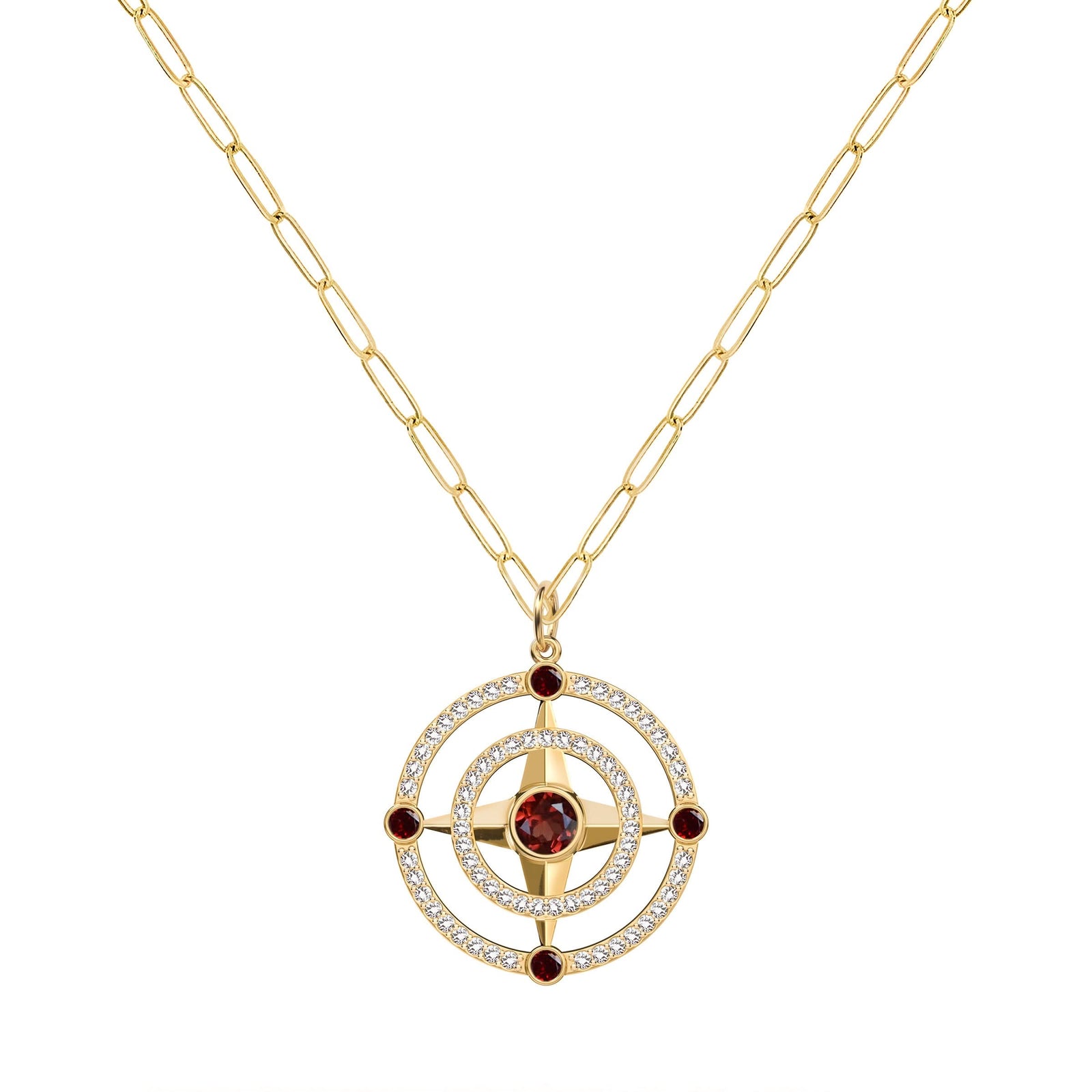 Compass Garnet & Diamond Pendant in 14k Gold (January)