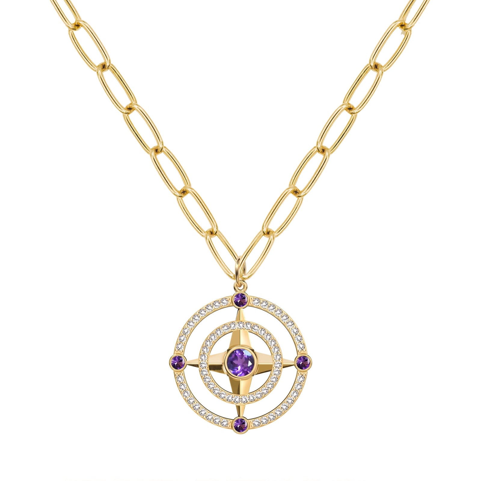 Compass Amethyst & Diamond Pendant in 14k Gold (February)
