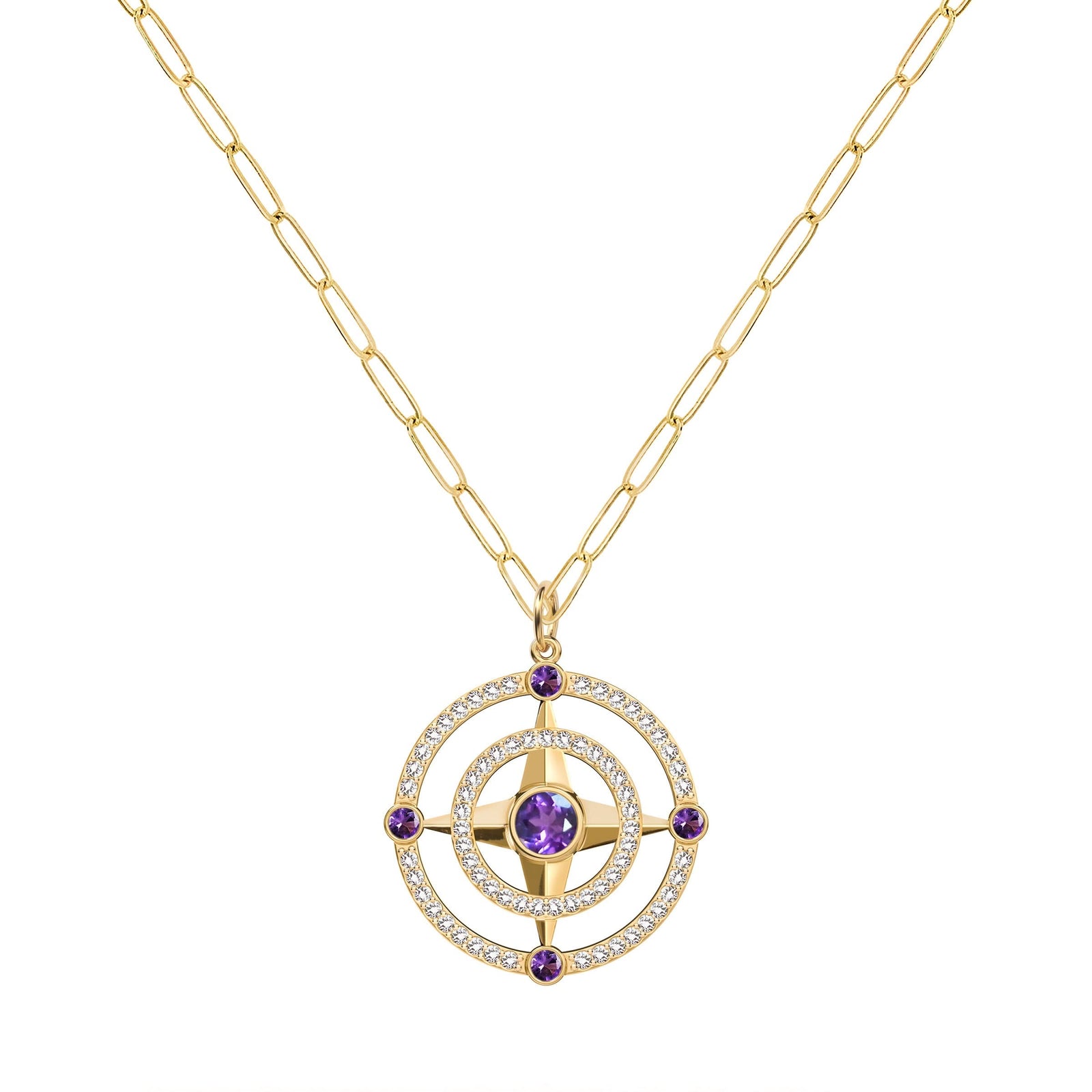 Compass Amethyst & Diamond Pendant in 14k Gold (February)