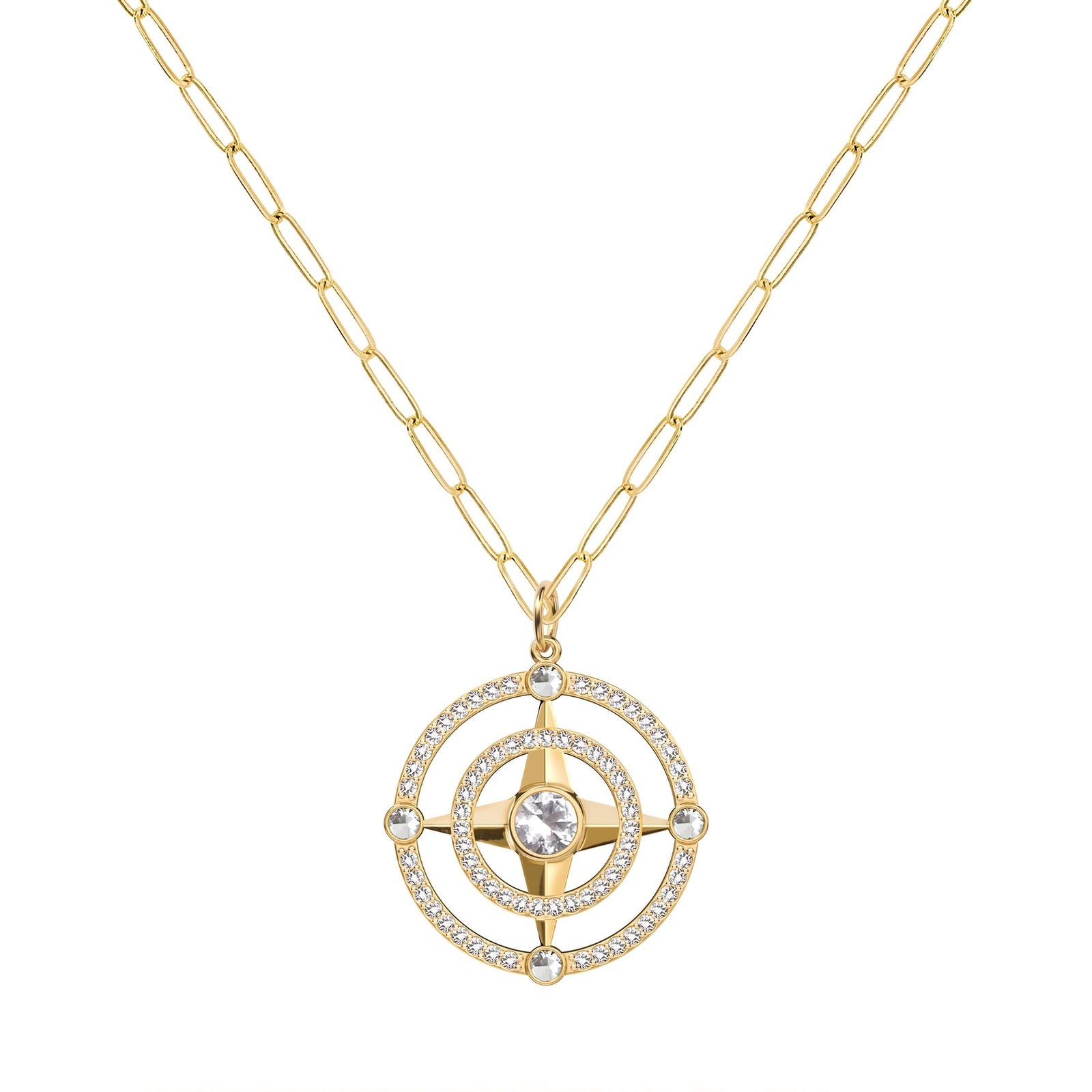 Compass White Topaz & Diamond Pendant in 14k Gold (April)
