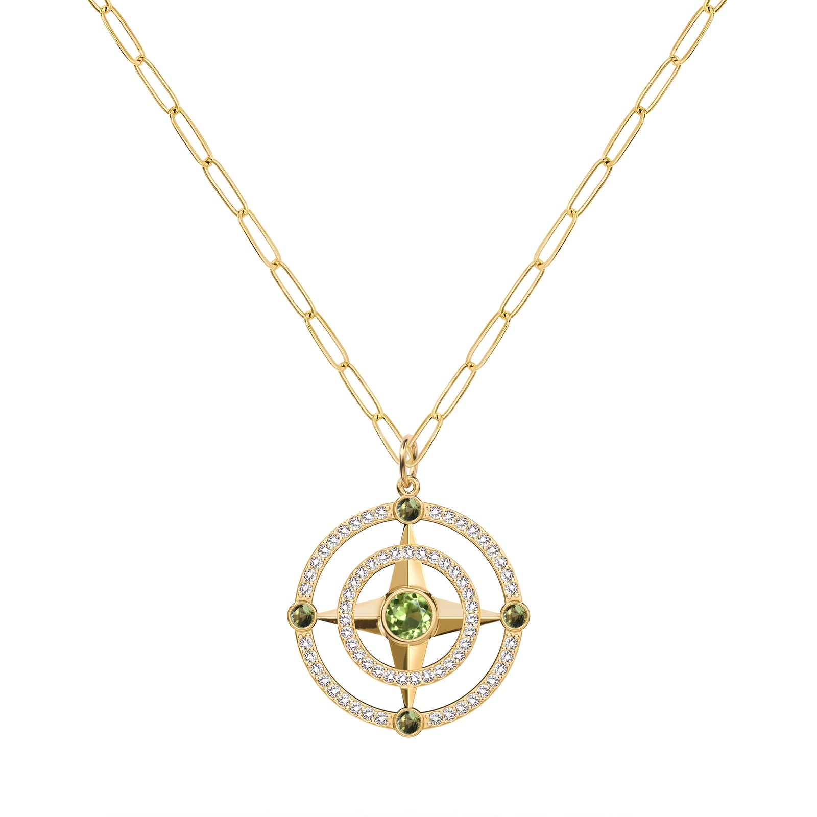 Compass Peridot & Diamond Pendant in 14k Gold (August)
