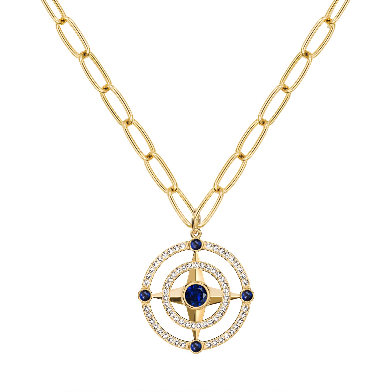 Compass Sapphire & Diamond Pendant in 14k Gold (September)