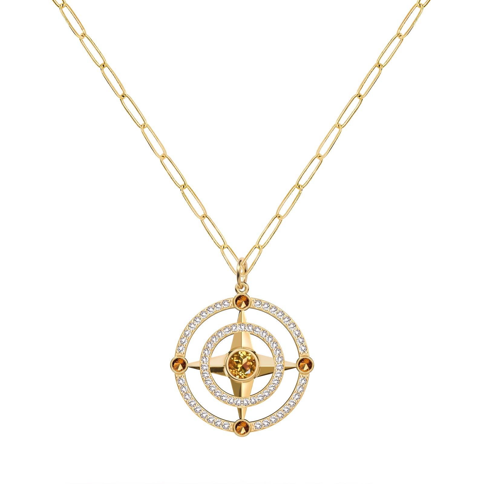 Compass Citrine & Diamond Pendant in 14k Gold (November)