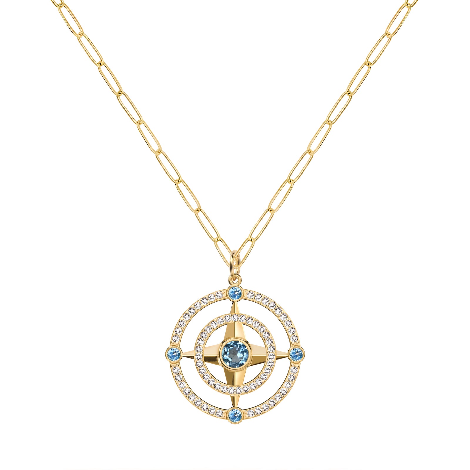 Compass Nantucket Blue Topaz & Diamond Pendant in 14k Gold (December)