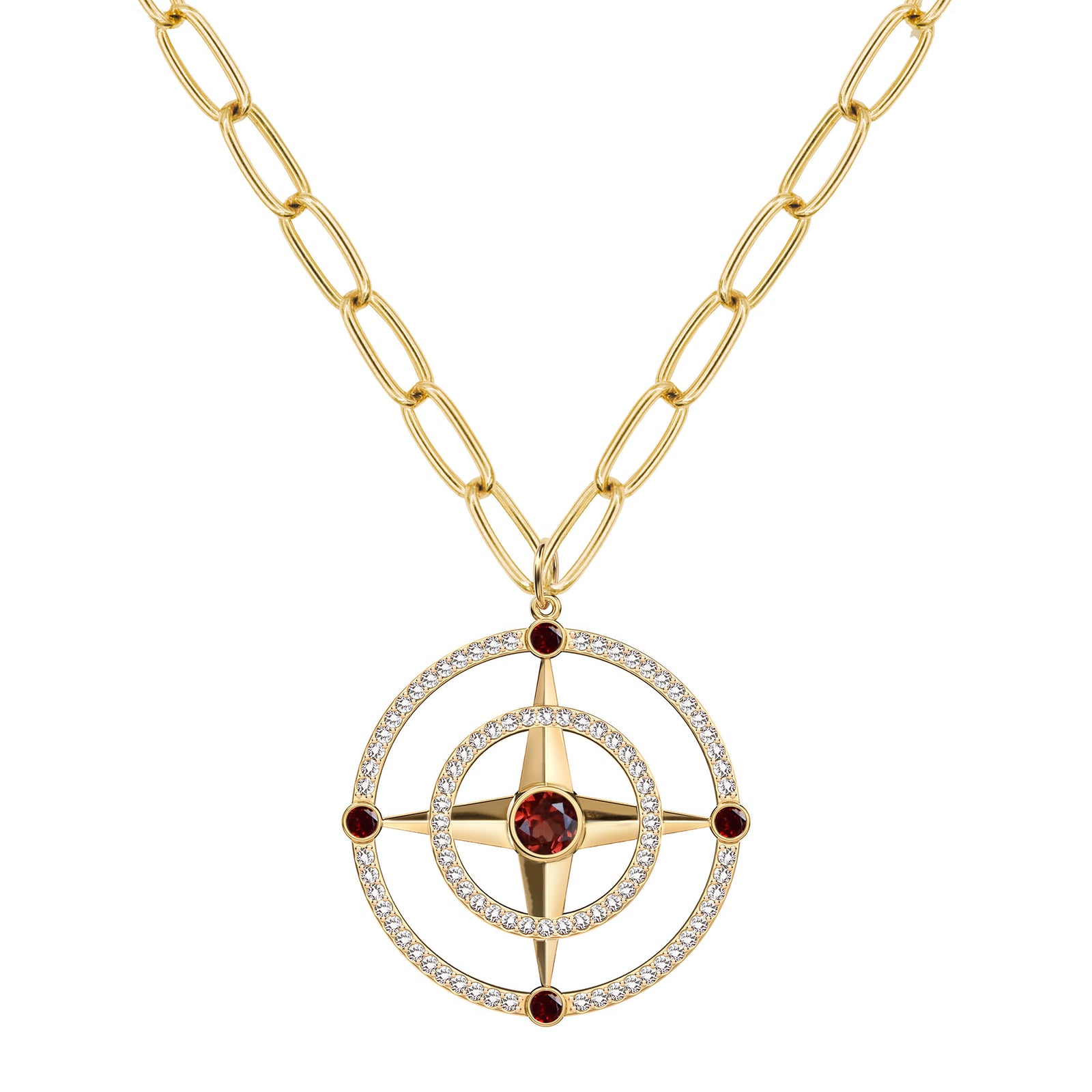 Large Compass Garnet & Diamond Pendant in 14k Gold (January)