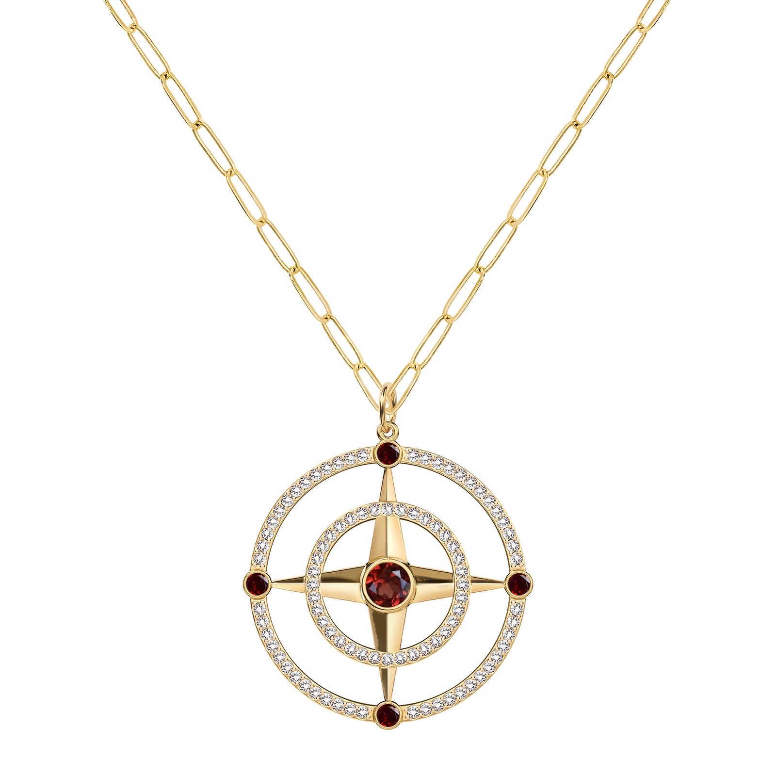 Large Compass Garnet & Diamond Pendant in 14k Gold (January)