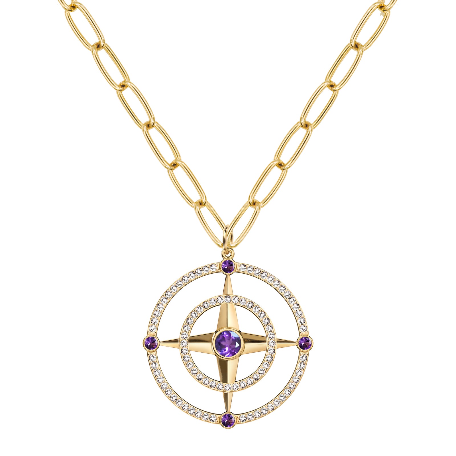 Large Compass Amethyst & Diamond Pendant in 14k Gold (February)