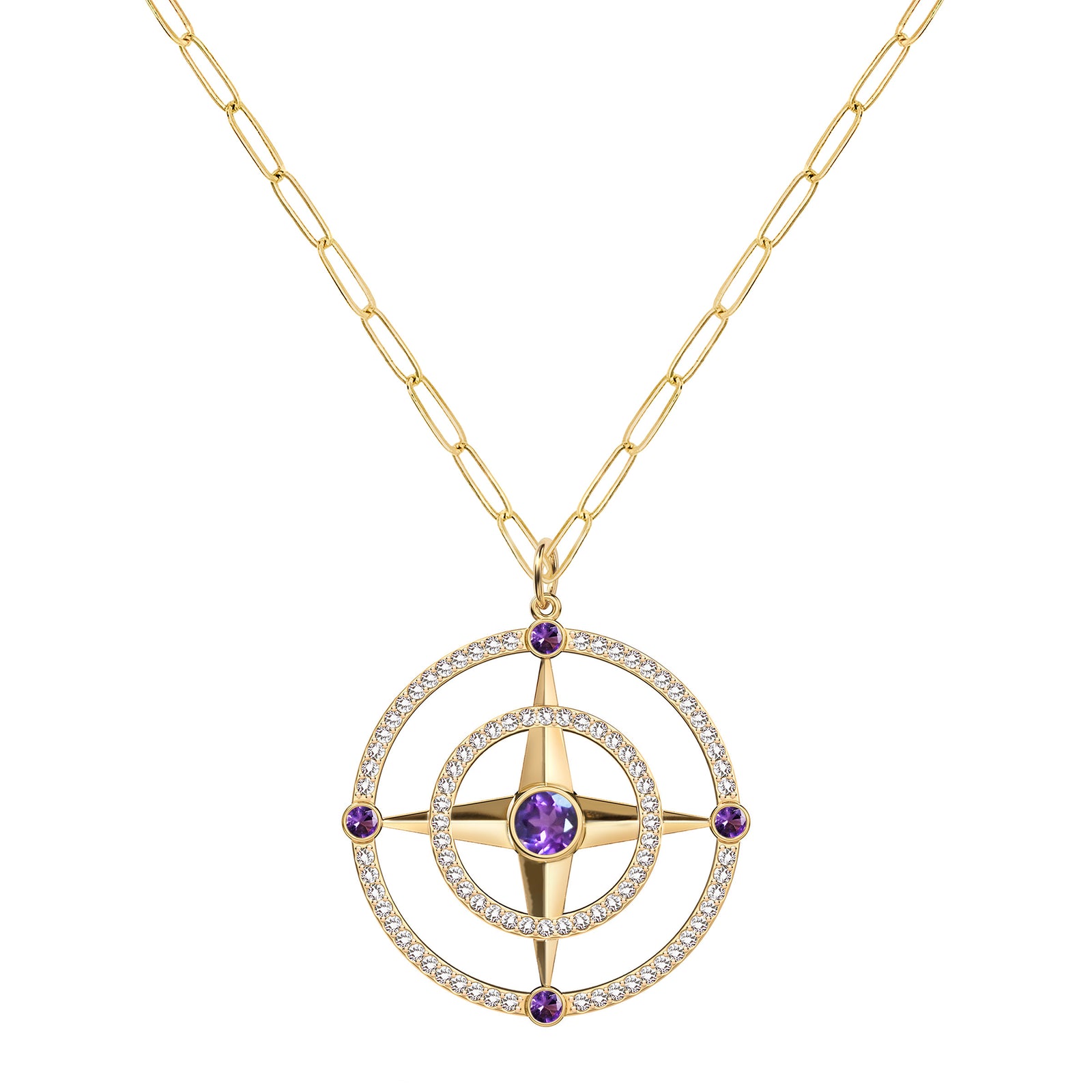 Large Compass Amethyst & Diamond Pendant in 14k Gold (February)