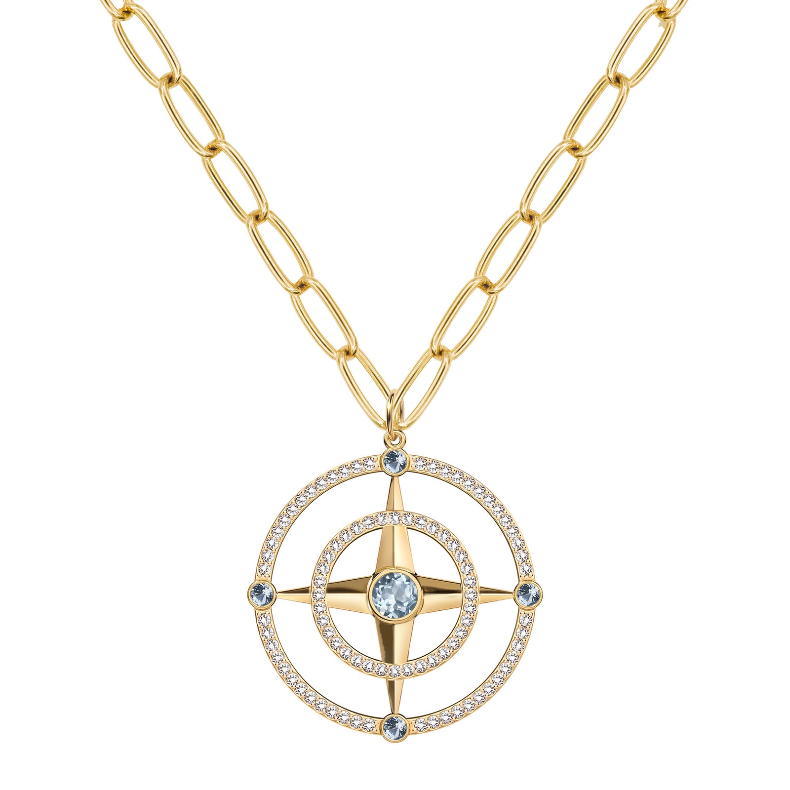 Large Compass Aquamarine & Diamond Pendant in 14k Gold (March)