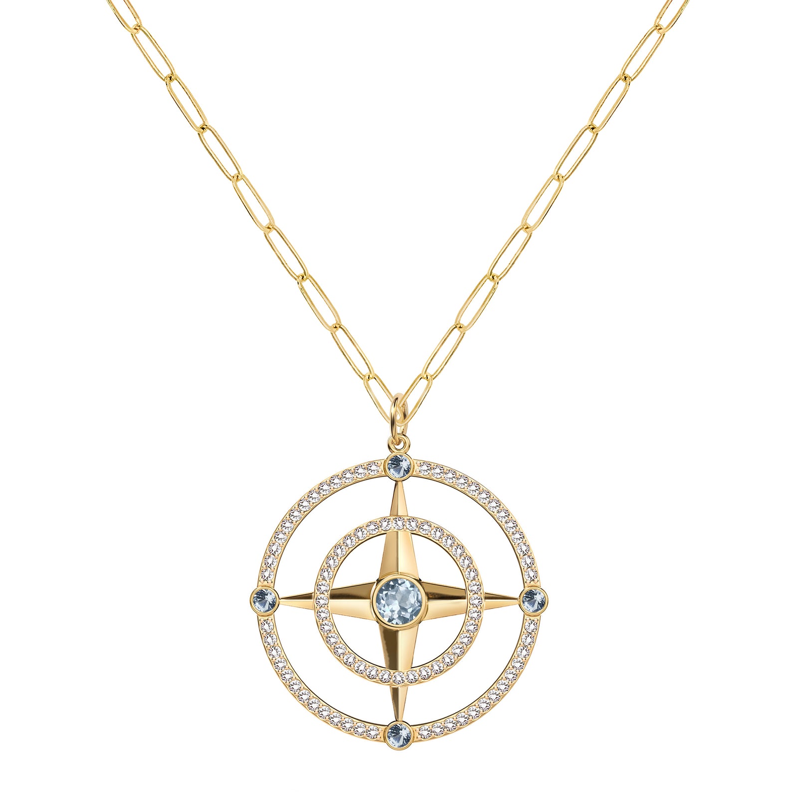 Large Compass Aquamarine & Diamond Pendant in 14k Gold (March)