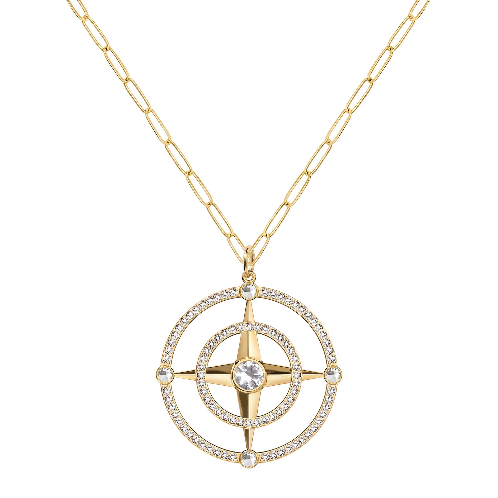Large Compass White Topaz & Diamond Pendant in 14k Gold (April)