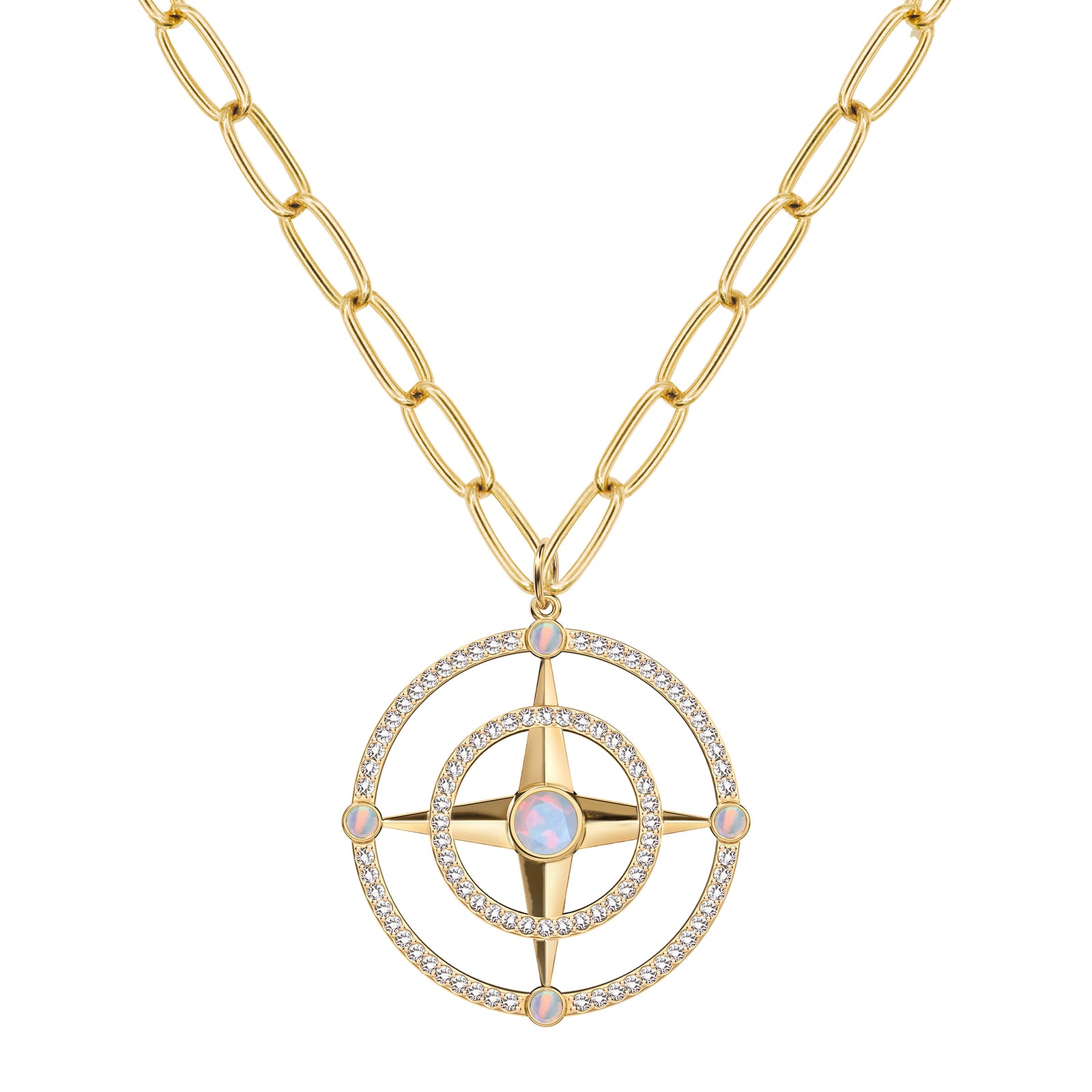 Large Compass Opal & Diamond Pendant in 14k Gold (October)