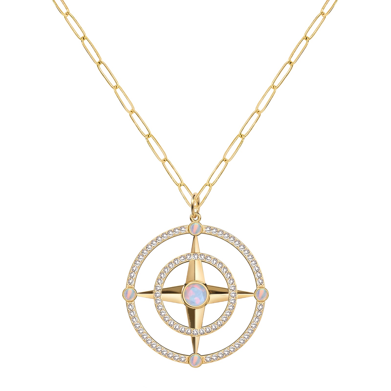 Large Compass Opal & Diamond Pendant in 14k Gold (October)