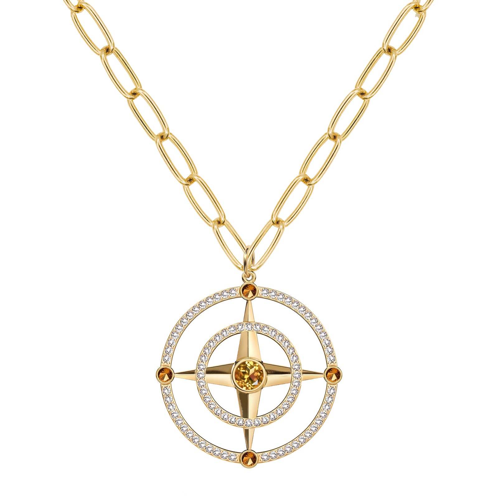 Large Compass Citrine & Diamond Pendant in 14k Gold (November)
