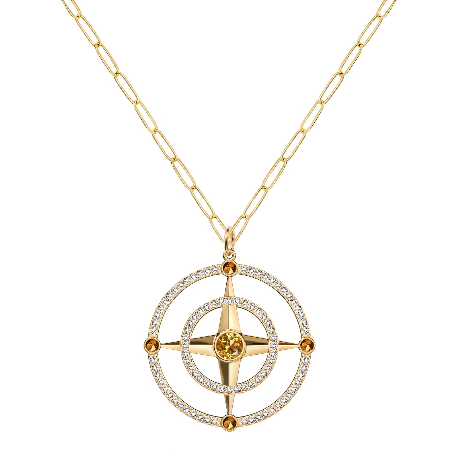 Large Compass Citrine & Diamond Pendant in 14k Gold (November)