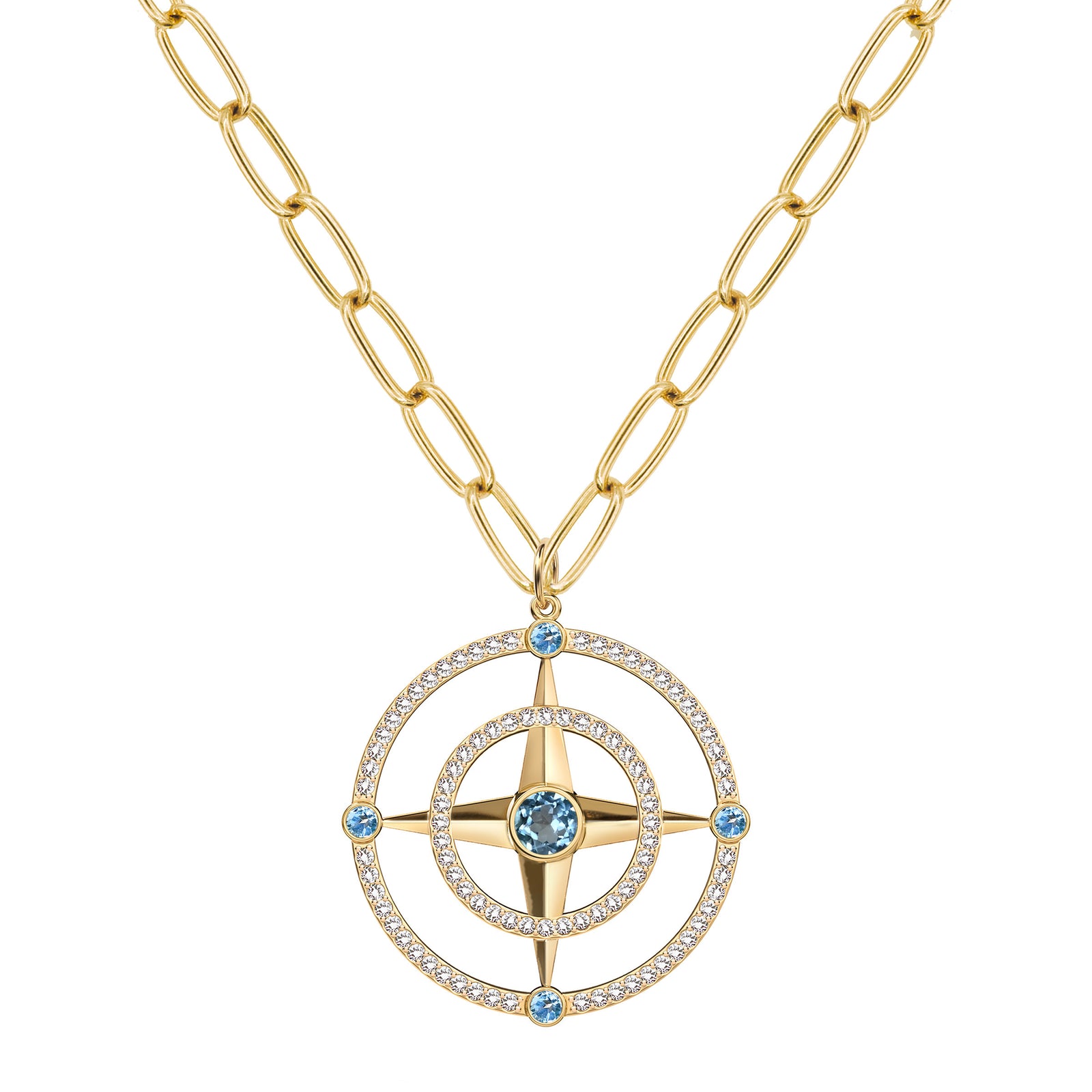 Large Compass Nantucket Blue Topaz & Diamond Pendant in 14k Gold (December)