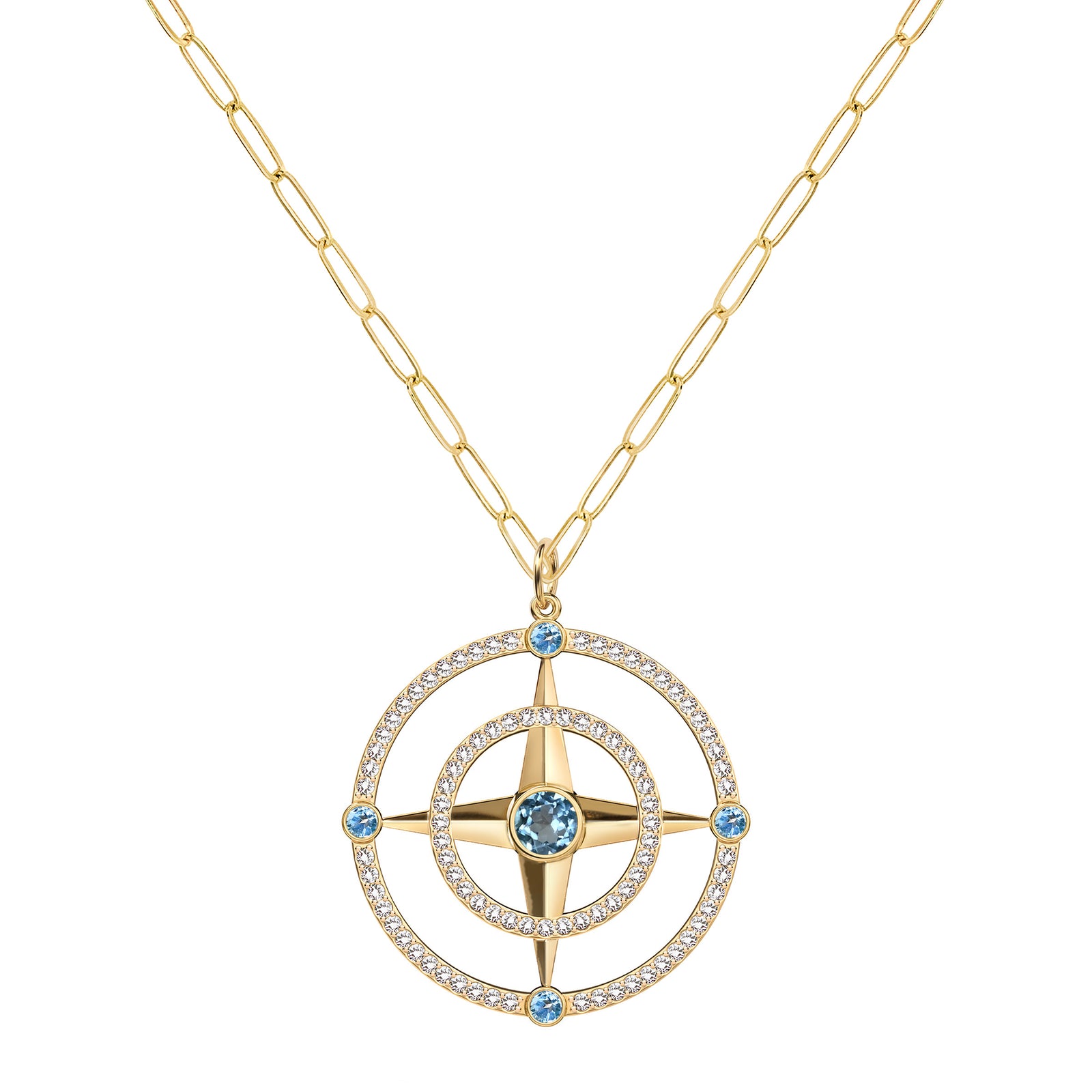 Large Compass Nantucket Blue Topaz & Diamond Pendant in 14k Gold (December)
