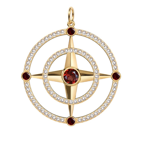 Large Compass Garnet & Diamond Pendant in 14k Gold (January)