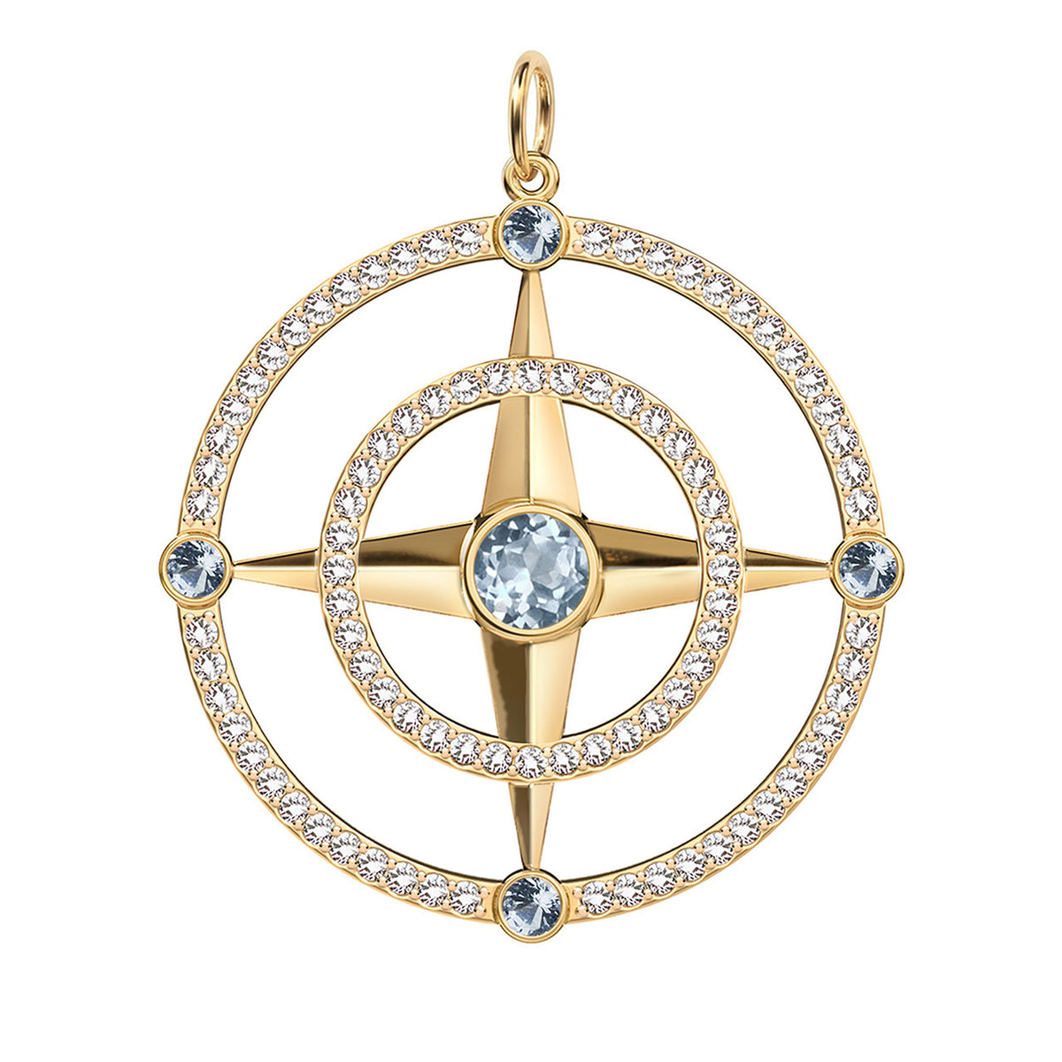 Large Compass Aquamarine & Diamond Pendant in 14k Gold (March)