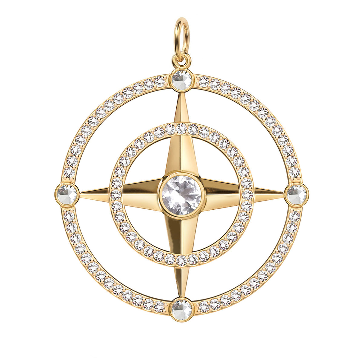 Large Compass White Topaz & Diamond Pendant in 14k Gold (April)
