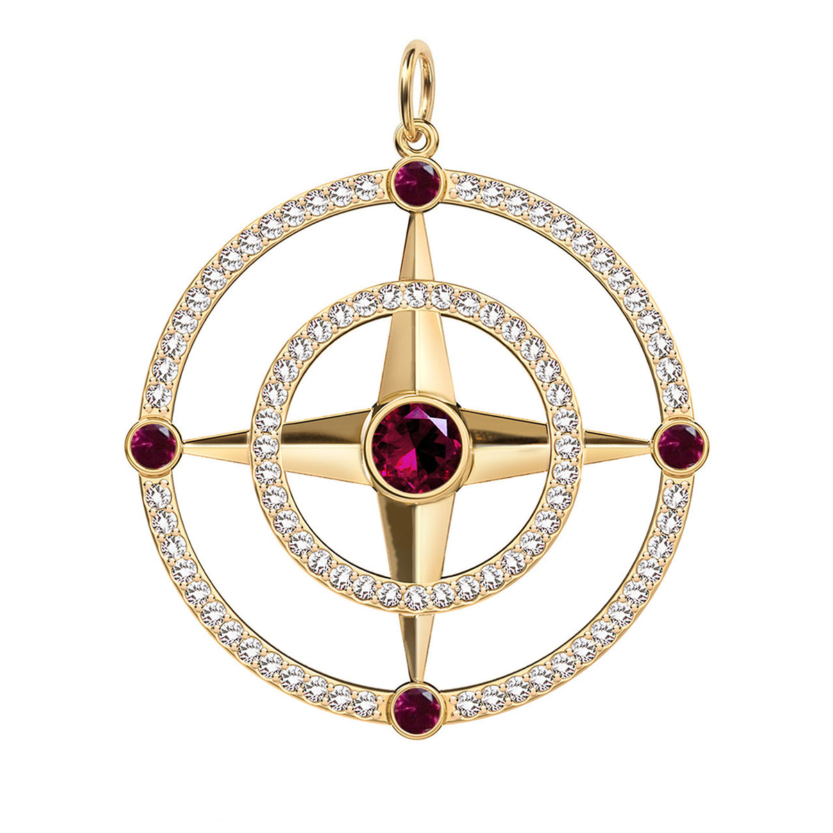 Large Compass Ruby & Diamond Pendant in 14k Gold (July)