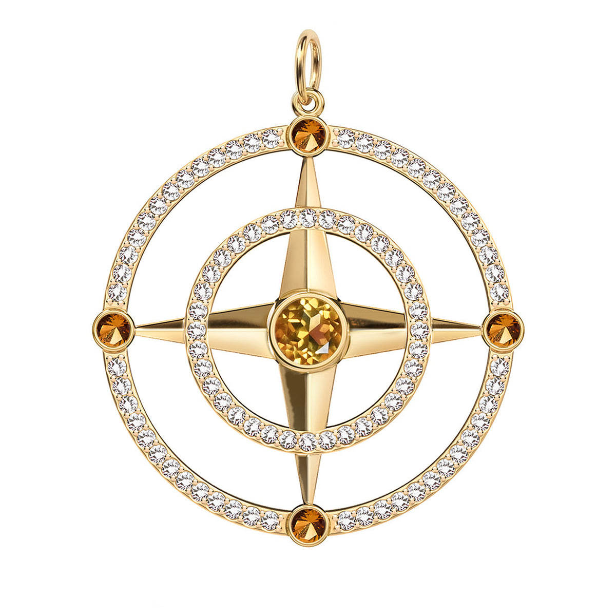 Large Compass Citrine & Diamond Pendant in 14k Gold (November)