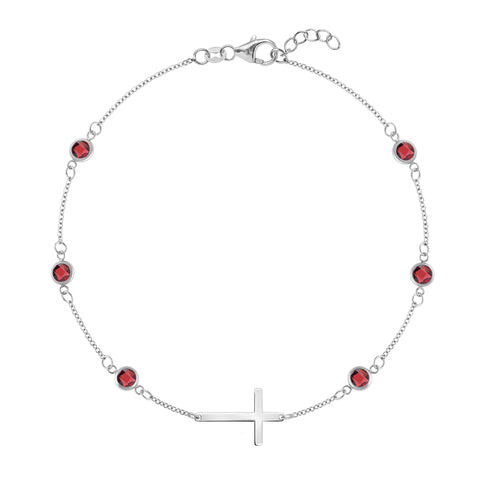 Bayberry Garnet Birthstone Cross Bracelet in 14k Gold (January) - White Gold