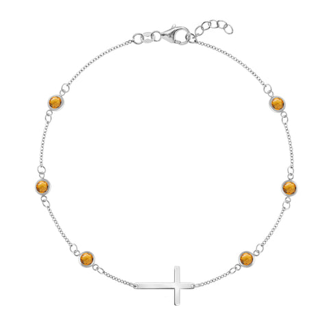 Bayberry Citrine Birthstone Cross Bracelet in 14k Gold (November) - White Gold