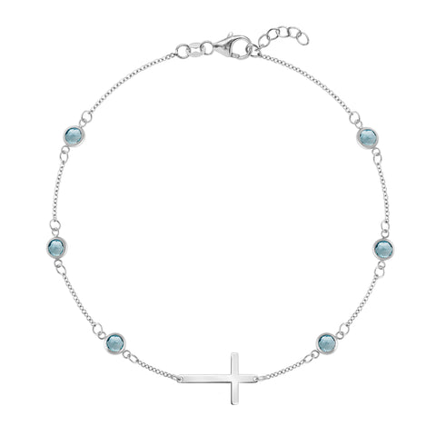 Bayberry Nantucket Blue Topaz Birthstone Cross Bracelet in 14k Gold (December) - White Gold