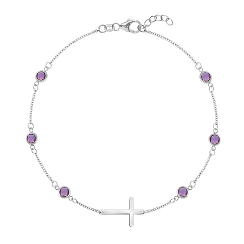 Bayberry Amethyst Birthstone Cross Bracelet in 14k Gold (February) - White Gold