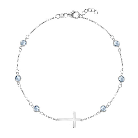 Bayberry Aquamarine Birthstone Cross Bracelet in 14k Gold (March) - White Gold