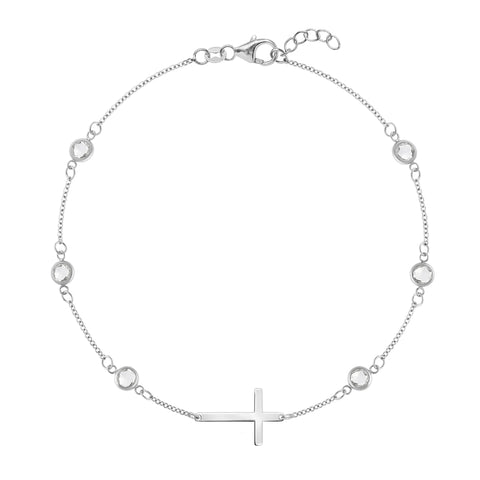 Bayberry White Topaz Birthstone Cross Bracelet in 14k Gold (April) - White Gold