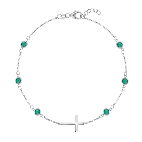 Bayberry Emerald Birthstone Cross Bracelet in 14k Gold (May) - White Gold