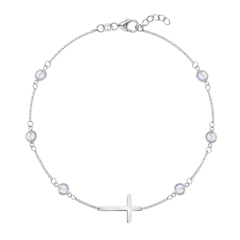 Bayberry Moonstone Birthstone Cross Bracelet in 14k Gold (June) - White Gold