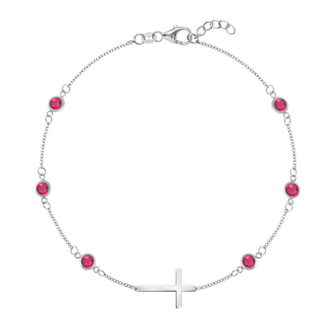 Bayberry Ruby Birthstone Cross Bracelet in 14k Gold (July) - White Gold